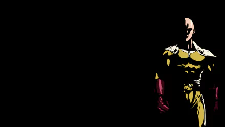 Minimalist HD wallpaper featuring Saitama from One-Punch Man, showcasing his iconic bald look, cape, and gloves, set on a black background.