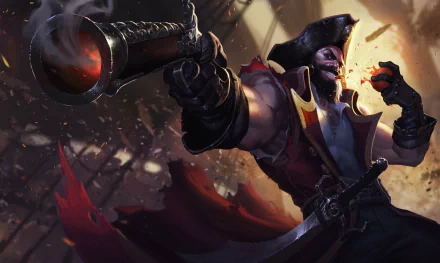 HD desktop wallpaper featuring Gangplank, the pirate champion from League of Legends, wielding a cannon aboard a ship with dynamic lighting and action.