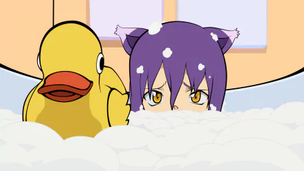 HD PC desktop wallpaper featuring Blair from Soul Eater in an anime-style bath scene with bubbles and a large rubber duck.