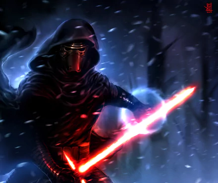 A dramatic HD wallpaper featuring Kylo Ren wielding his iconic red lightsaber, set against a dark, snowy background from *Star Wars Episode VII: The Force Awakens*.