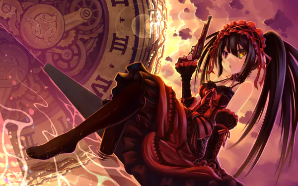 HD wallpaper featuring Kurumi Tokisaki from the anime Date A Live, showcasing heterochromia, in detailed art with a clockwork background at sunset.