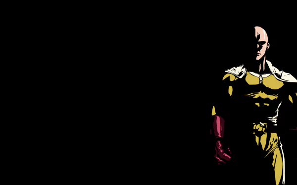 Minimalist HD wallpaper featuring Saitama from One-Punch Man, showcasing his iconic bald look, cape, and gloves, set on a black background.