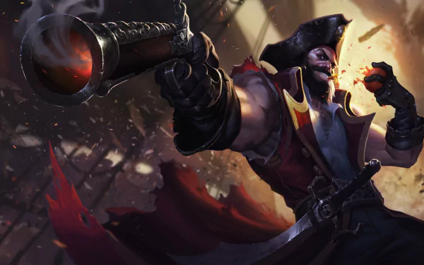 HD desktop wallpaper featuring Gangplank, the pirate champion from League of Legends, wielding a cannon aboard a ship with dynamic lighting and action.