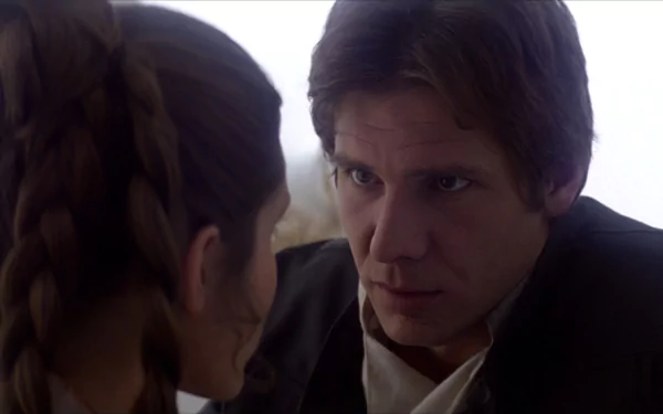 HD desktop wallpaper featuring Harrison Ford as Han Solo in a Star Wars movie scene, focused on an intense moment between characters.