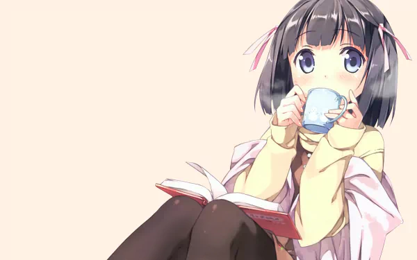 A charming HD wallpaper featuring Shiori Shiomiya from The World God Only Knows, relaxing with a book and a cup, set against a soft background.