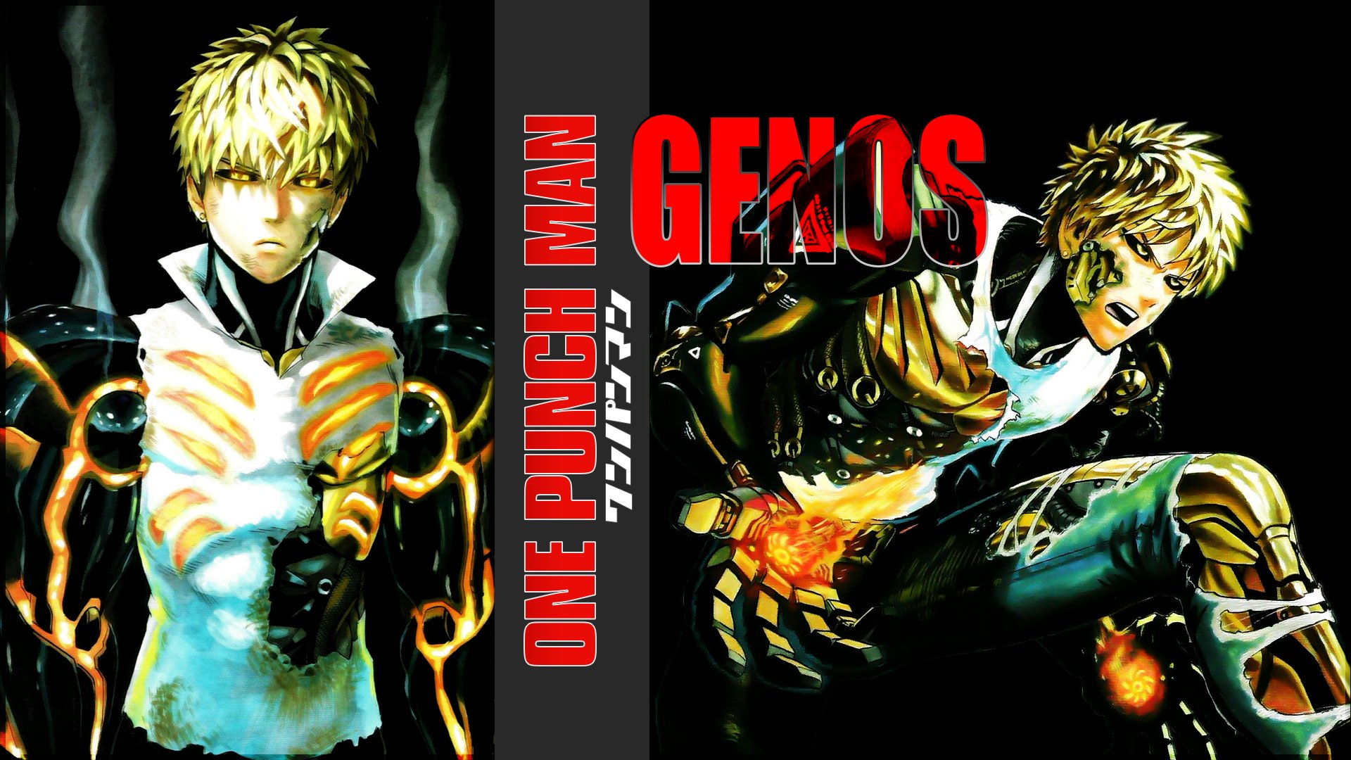 HD wallpaper featuring Genos from One-Punch Man, showcasing the character in dynamic poses alongside bold text. A striking anime background for fans of the series.