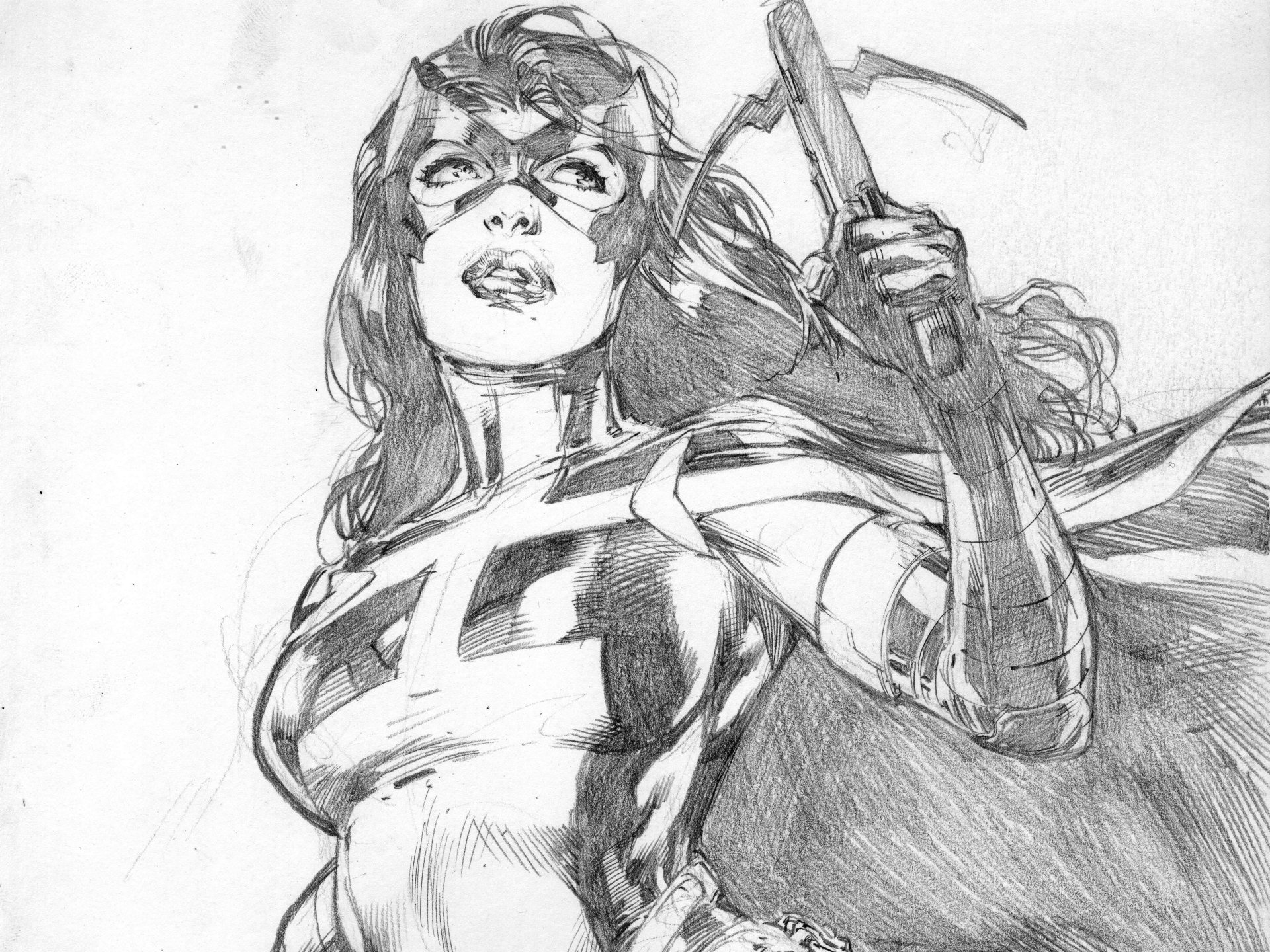 Black-and-white comic-style sketch of a confident female hunter in detailed armor, holding a grappling hook, designed as a 4K Ultra HD PC desktop wallpaper.