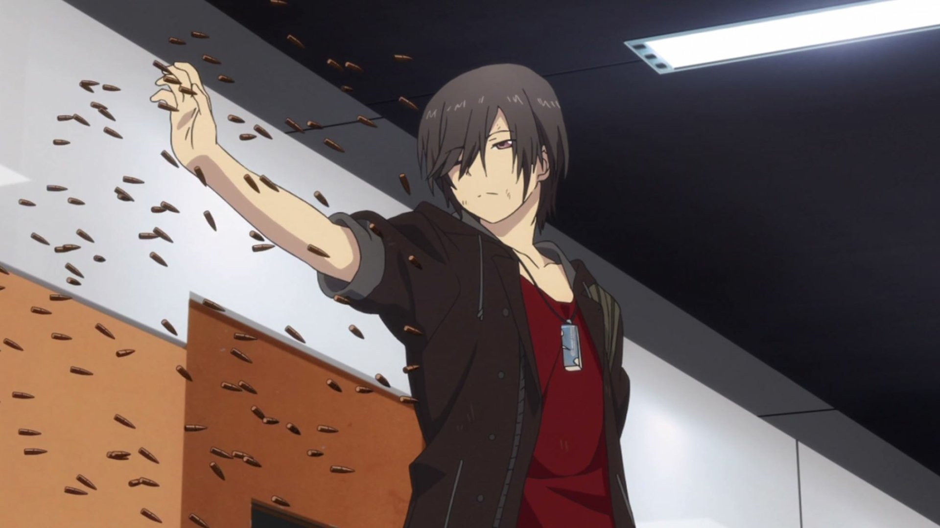 Anime character Yū Otosaka, from Charlotte, with brown hair and a necklace, controlling bullets in an HD desktop wallpaper.