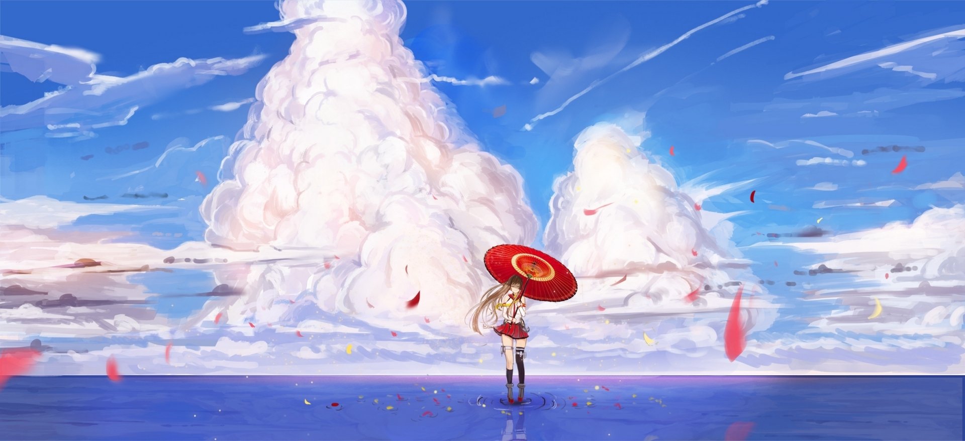 A serene HD wallpaper featuring Yamato from Kantai Collection standing in the ocean under a bright sky, holding a red umbrella, surrounded by vibrant clouds and falling petals.