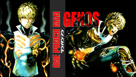 HD wallpaper featuring Genos from One-Punch Man, showcasing the character in dynamic poses alongside bold text. A striking anime background for fans of the series.