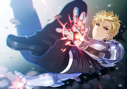 HD anime desktop wallpaper featuring Genos from One-Punch Man in dynamic action pose, showcasing his cybernetic arm glowing with energy.