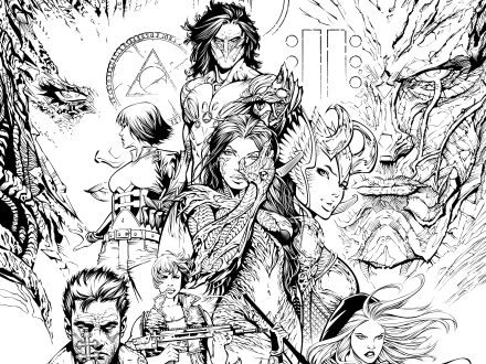 Black-and-white comic collage of heroes, monsters and ornate artifacts, presented as a 5K Ultra HD PC desktop wallpaper and background.