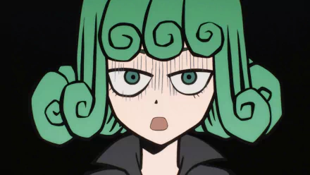 Tatsumaki from One-Punch Man is featured in this vibrant HD PC desktop wallpaper, showcasing her distinctive green hair and expressive eyes against a dark background.