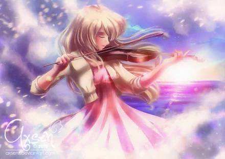 A serene HD wallpaper featuring Kaori Miyazono from the anime Your Lie in April, gracefully playing the violin against a dreamy background of soft colors and light.