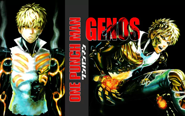 HD wallpaper featuring Genos from One-Punch Man, showcasing the character in dynamic poses alongside bold text. A striking anime background for fans of the series.