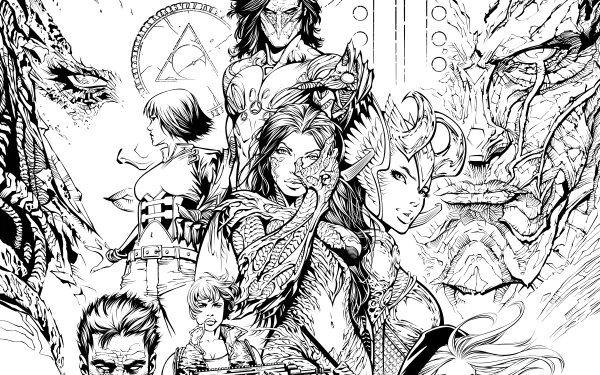 Black-and-white comic collage of heroes, monsters and ornate artifacts, presented as a 5K Ultra HD PC desktop wallpaper and background.