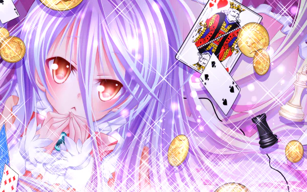 A vibrant HD wallpaper featuring Shiro from No Game No Life, surrounded by playing cards, coins, and a chess piece, capturing the essence of the anime's imaginative world.