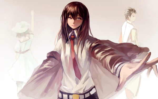 HD PC wallpaper featuring Kurisu Makise prominently in the foreground with Rintaro Okabe and Mayuri Shiina softly blurred in the background, from the anime Steins;Gate.