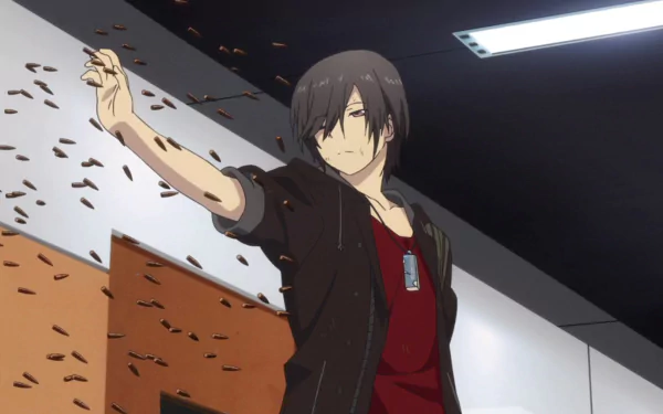 Anime character Yū Otosaka, from Charlotte, with brown hair and a necklace, controlling bullets in an HD desktop wallpaper.