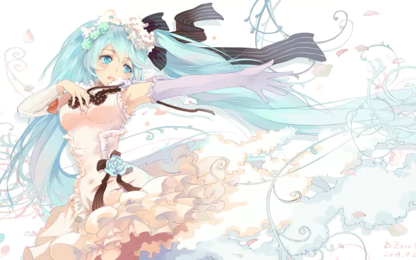 A vibrant HD wallpaper featuring Hatsune Miku, an anime Vocaloid with long blue hair and striking blue eyes, dressed elegantly with ribbons and floral accents, set against a soft backdrop.