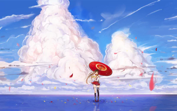 A serene HD wallpaper featuring Yamato from Kantai Collection standing in the ocean under a bright sky, holding a red umbrella, surrounded by vibrant clouds and falling petals.