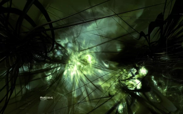 Abstract green pattern in high definition featuring intricate lines and glowing elements, suitable as a desktop wallpaper and background. The composition evokes a sense of depth and dynamism.