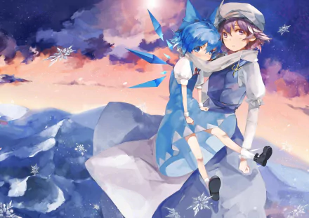 Anime-style 4K wallpaper featuring Cirno from Touhou with blue hair and wings, and Letty Whiterock with purple hair and a scarf, set against a vibrant sky background.
