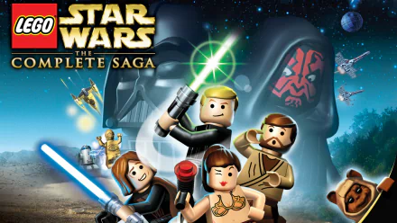 HD PC desktop wallpaper featuring LEGO Star Wars - The Complete Saga characters in an action-packed space scene with lightsabers and starships.