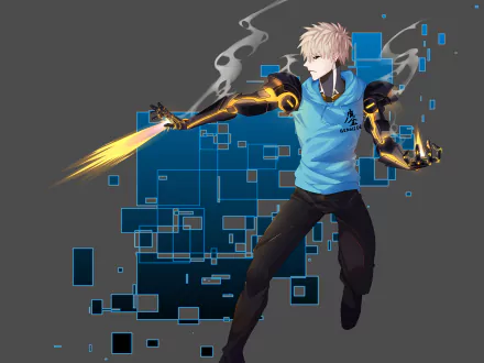 Genos from One-Punch Man strikes a dynamic pose, showcasing his powerful, mechanical arm, against a vibrant, tech-inspired background. An engaging anime HD wallpaper.