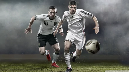 HD PC desktop wallpaper featuring intense soccer action from the video game Pure Football, showcasing two players racing toward the ball on a foggy field.