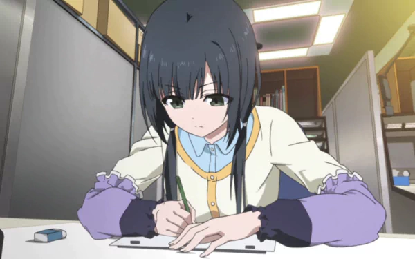 HD desktop wallpaper from Shirobako featuring a character intensely focused on drawing at a desk.