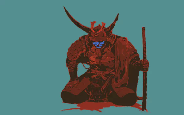 A striking HD wallpaper featuring a samurai-inspired figure with blue accents, blending elements of hip hop and the Cannibal Ox aesthetic. Bold colors and dynamic design stand out vividly.