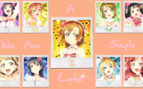 HD PC desktop wallpaper featuring Love Live! anime characters Nico Yazawa, Eri Ayase, Nozomi Tojo, Hanayo Koizumi, Rin Hoshizora, Maki Nishikino, Kotori Minami, Umi Sonoda, and Honoka Kousaka.