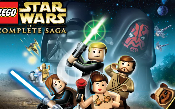 HD PC desktop wallpaper featuring LEGO Star Wars - The Complete Saga characters in an action-packed space scene with lightsabers and starships.