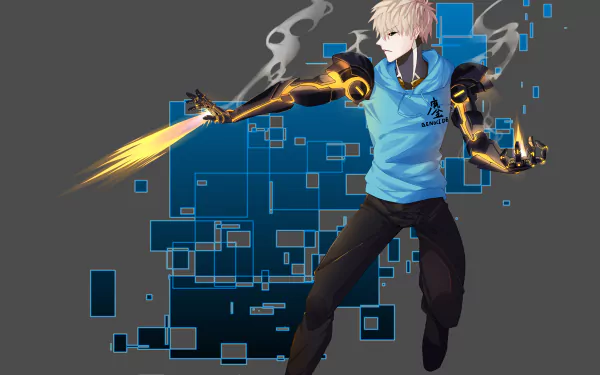 Genos from One-Punch Man strikes a dynamic pose, showcasing his powerful, mechanical arm, against a vibrant, tech-inspired background. An engaging anime HD wallpaper.