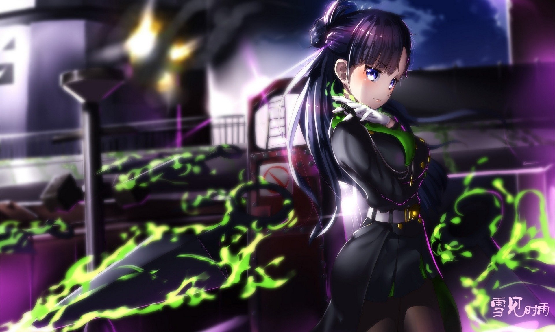 Anime character Shigure Yukimi from Seraph of the End, featuring purple hair and blue eyes, wielding a weapon against a dynamic background of green and dark hues. HD desktop wallpaper.