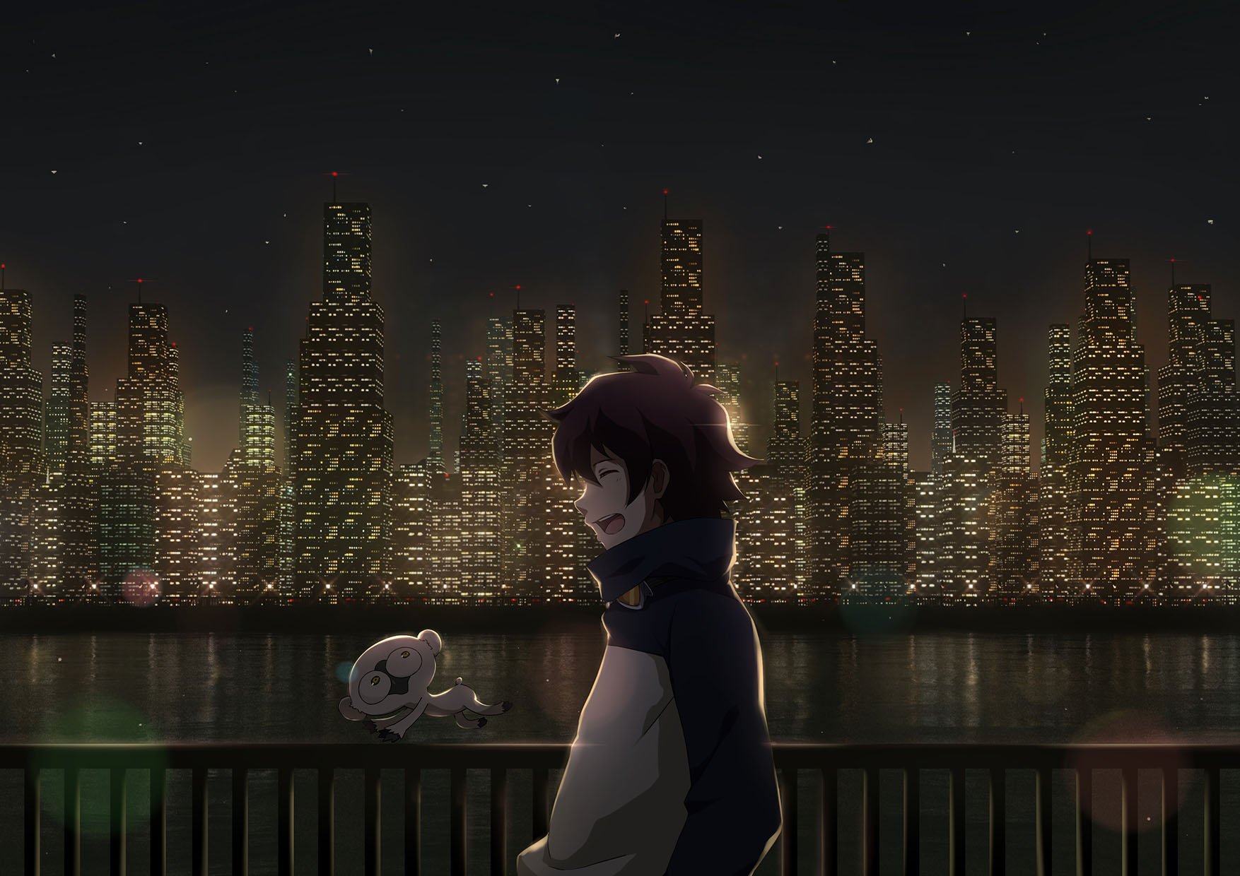 A captivating HD desktop wallpaper featuring Leonardo Watch from Blood Blockade Battlefront alongside Sonic Speed Monkey, set against a vibrant city skyline at night.