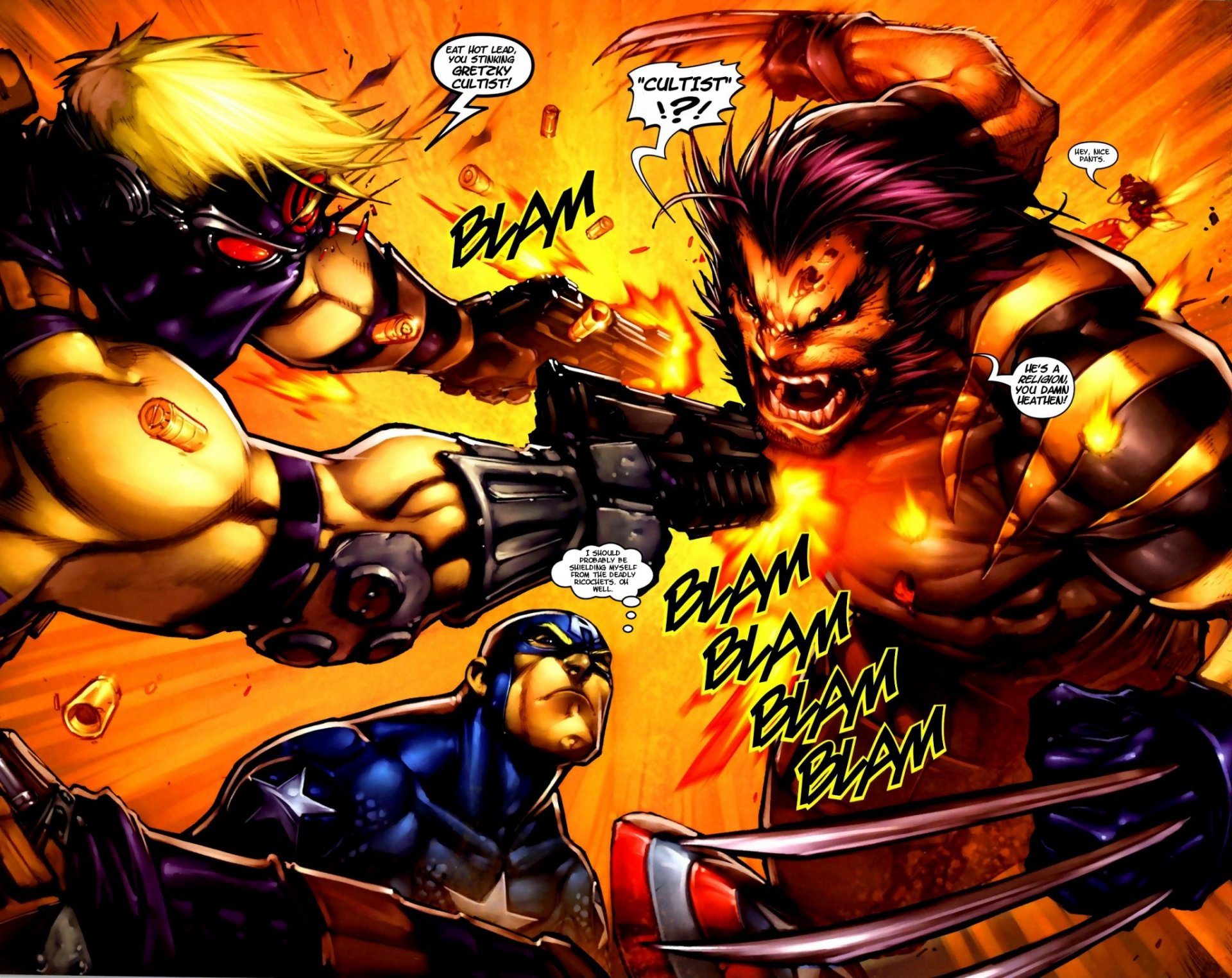 HD desktop wallpaper featuring Wolverine and Captain America in an intense comic scene from Marvel Comics, with bold action words and vibrant colors.
