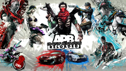 HD PC desktop wallpaper featuring dynamic characters and vehicles from the video game APB Reloaded, showcasing urban action and vibrant graffiti-style art.
