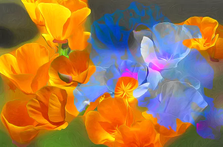 Vibrant orange and blue flowers blend artistically in this HD desktop wallpaper, creating a stunning floral display that adds a touch of nature to any background.