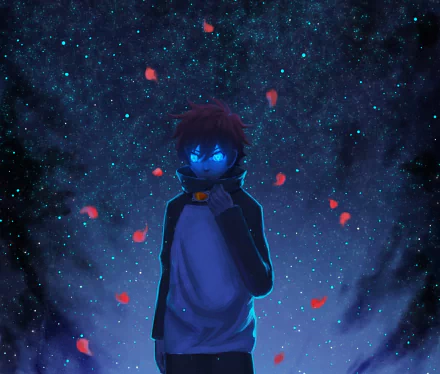 HD desktop wallpaper featuring Leonardo Watch from Anime, Blood Blockade Battlefront, standing with blue glowing eyes, against a starry night background with floating red petals.