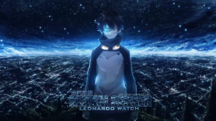 HD wallpaper featuring Leonardo Watch from the anime Blood Blockade Battlefront, set against a starry night backdrop over a vibrant cityscape.