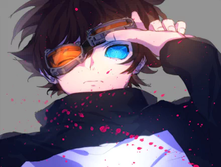 HD PC desktop wallpaper featuring Leonardo Watch from the anime Blood Blockade Battlefront with his signature glowing blue eye and orange glasses.