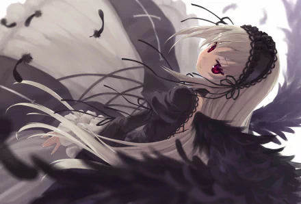 A high-definition wallpaper featuring Suigintou from Rozen Maiden, showcasing her long white hair and striking red eyes, surrounded by dark, flowing elements.