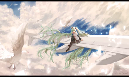 A vibrant HD wallpaper featuring Hatsune Miku with long green twintails, perched on an airplane wing against a dreamy sky filled with clouds and doves.