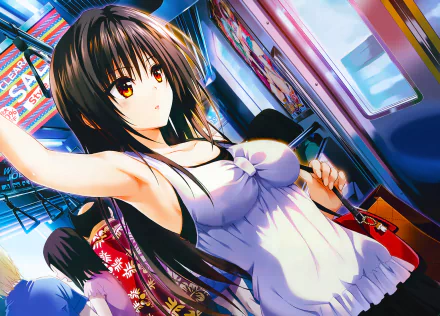 HD desktop wallpaper featuring Yui Kotegawa from the anime To Love-Ru. She has long black hair and striking orange eyes, standing in a lively, colorful subway setting.