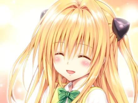 A smiling blonde girl with long hair and blush, inspired by Golden Darkness from the anime To Love-Ru, radiates warmth in this HD wallpaper background.
