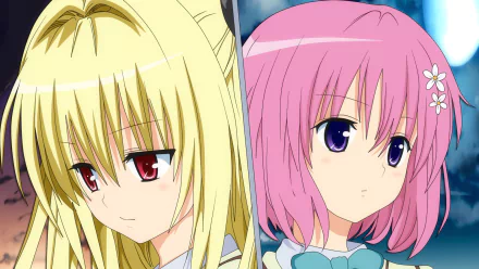 HD wallpaper featuring Golden Darkness and Momo Velia Deviluke from To Love-Ru. The characters display vibrant colors with blonde, pink hair and striking purple and red eyes.