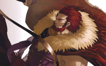 A striking HD desktop wallpaper featuring Rider from Fate/Zero, showcasing his red hair and fierce demeanor, complemented by a dramatic fur-lined cloak.