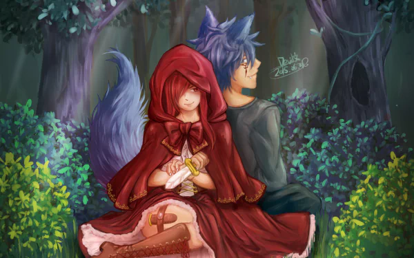 HD desktop wallpaper featuring Jellal Fernandes and Erza Scarlet from the anime Fairy Tail, sitting back-to-back in a lush forest. Erza wears a red hooded cape, and Jellal has blue hair with wolf ears and a tail.